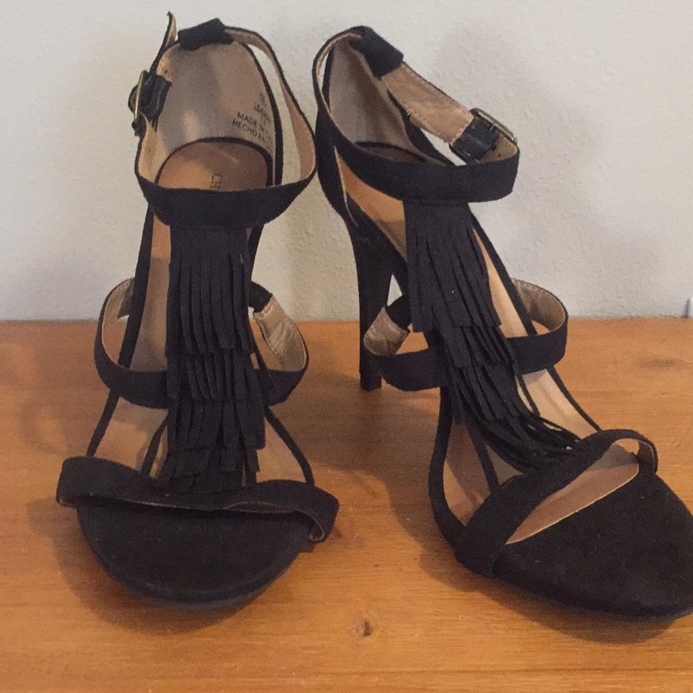 Black Suede Fringe Heels